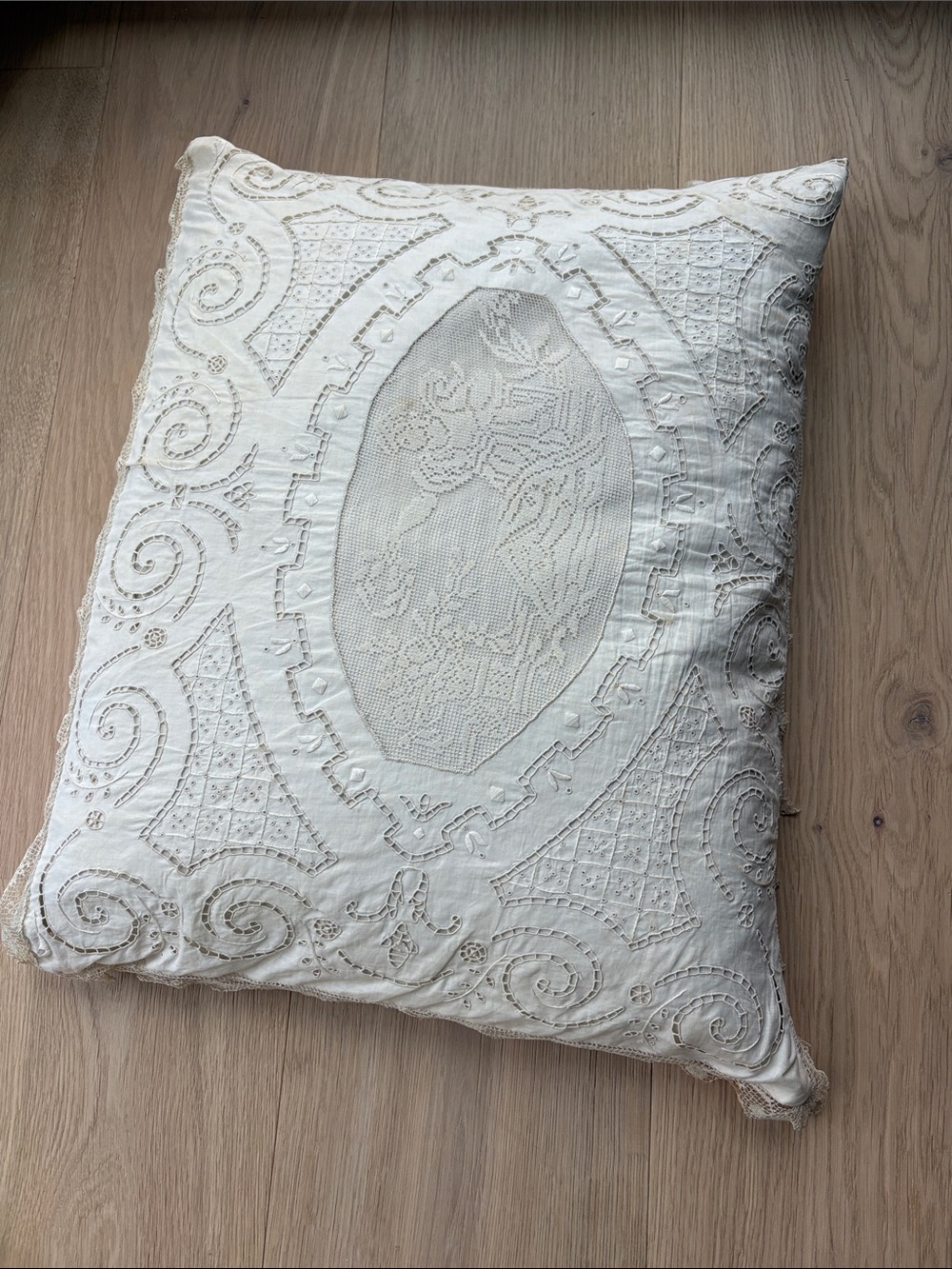 Decorative Embroidered Cream Throw Pillow - Elegant Lace Pattern